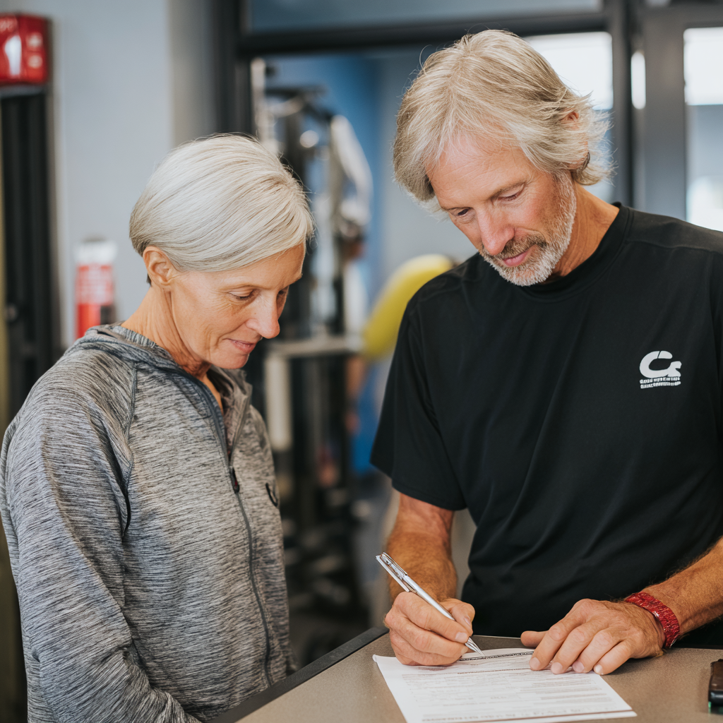 Професійний фітнес-консультант віком 58 років допомагає новому клієнту заповнити анкету для запису на тренування у trastovine