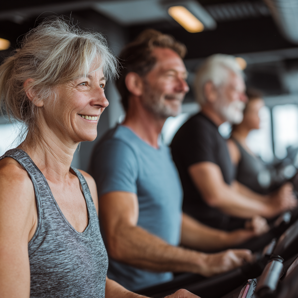 Група людей віком 50-60 років виконує кардіо тренування на біговій доріжці у професійному фітнес-залі trastovine
