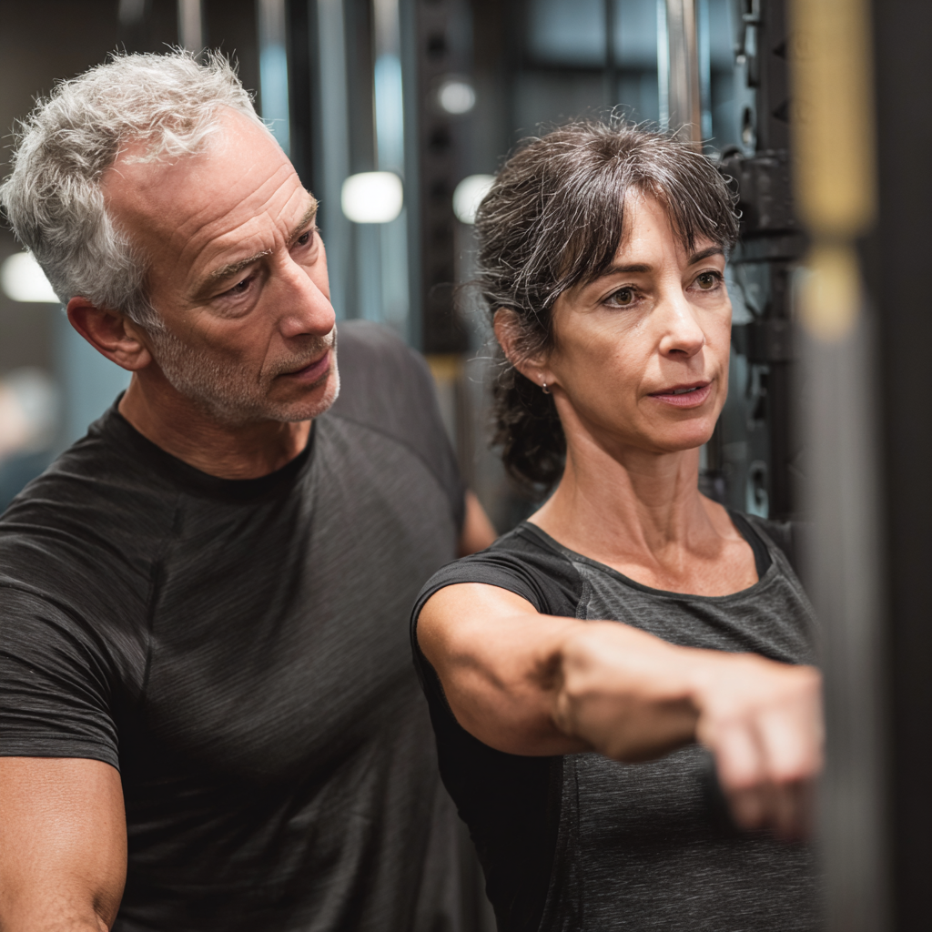 Досвідчений тренер віком 55 років консультує клієнта у фітнес-студії trastovine, демонструючи правильну техніку виконання вправ